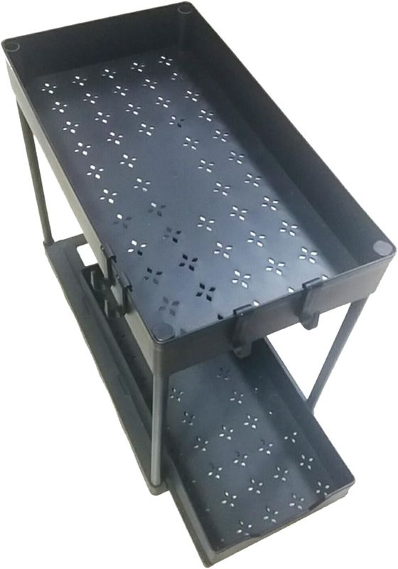 Photo 1 of 1 Pack Under Sink Organizer 2 Tier Pull Out Sliding Drawer Under Sink Storage Multi Purpose Large Capacity Bathroom Kitchen Cabinet Under Sink Organizers With Hooks Sink Storage Rack (Black, One Size