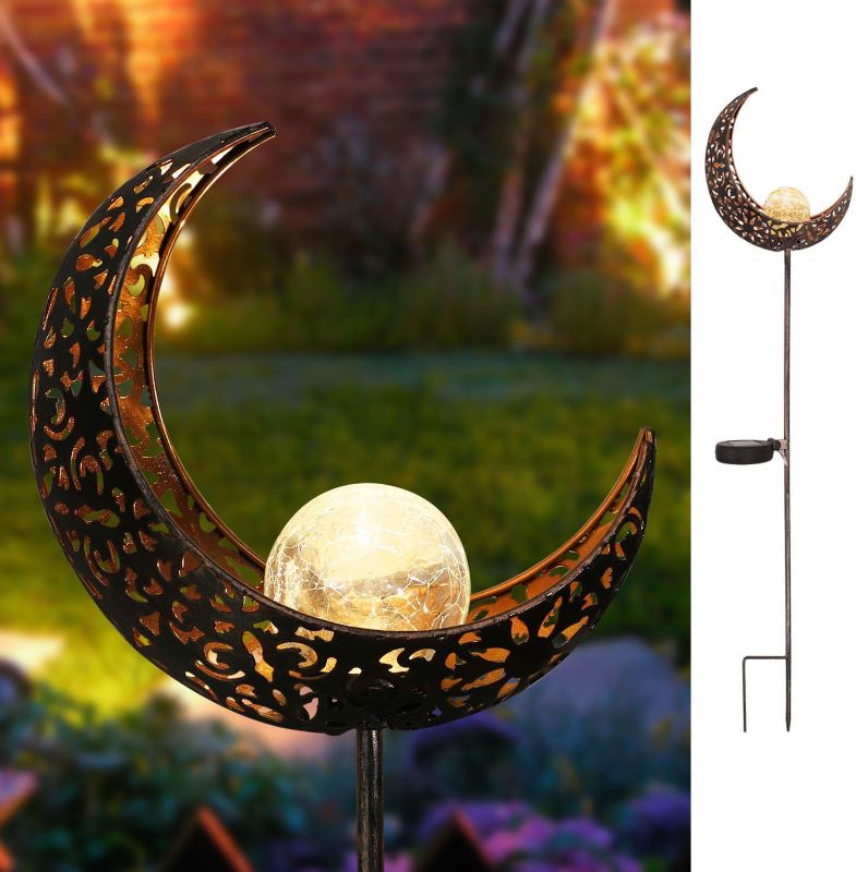 Photo 1 of HOMEIMPRO Moon Solar Garden Lights Outdoor Stakes, Waterproof Crackle Glass Metal Decorative Lights for Lawn, Patio Accessories, Yard Decor, Christmas Gift (Bronze