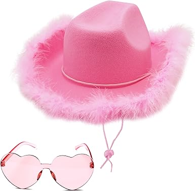 Photo 1 of 4E's Novelty Cowboy Hat with feathers With Heart Shaped Sunglasses for Women, Cowgirl Hat for Women Party Dress Up Pink