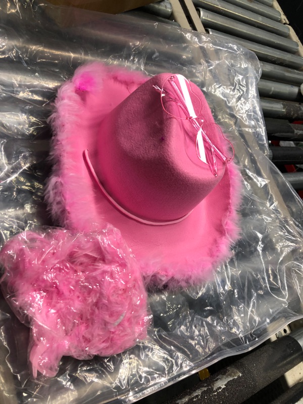 Photo 3 of 4E's Novelty Cowboy Hat with feathers With Heart Shaped Sunglasses for Women, Cowgirl Hat for Women Party Dress Up Pink