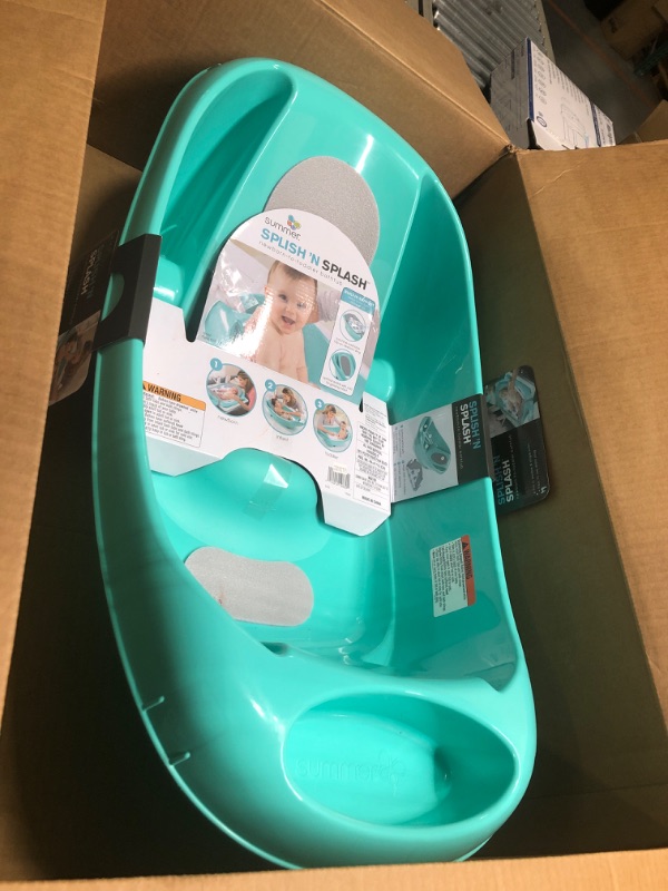 Photo 3 of Summer Splish 'n Splash Newborn to Toddler Tub (Aqua) - 3-Stage Tub for Newborns, Infants, and Toddlers - Includes Fabric Newborn Sling, Cushioned Support, Parent Assist Tray, and a Drain Plug Teal