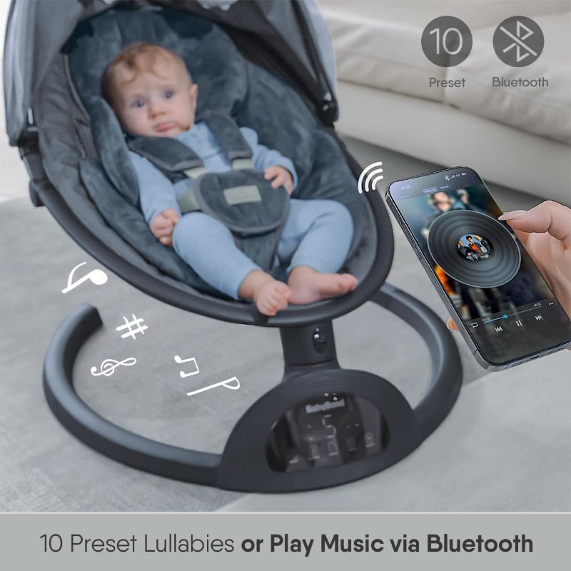 Photo 1 of Baby Swings for Infants, BabyBond Bluetooth Infant Swing with Music Speaker with 3 Seat Positions, 5 Point Harness Belt, 5 Speeds and Remote Control - Portable Baby Swing for Indoor and Outdoor
