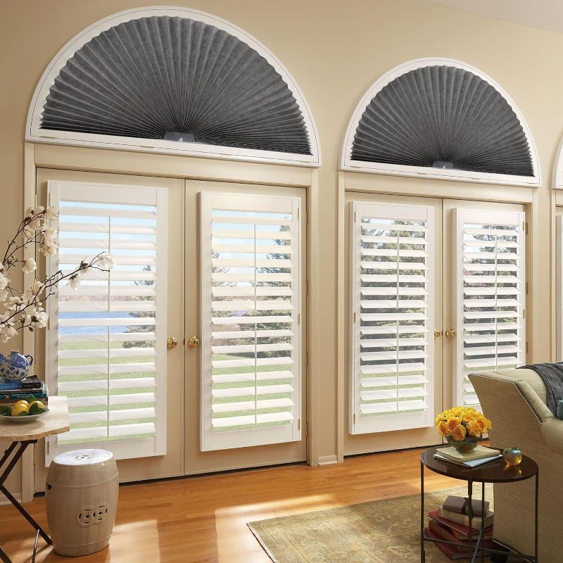 Photo 1 of 2 Pack Arch Light Filtering Fabric Shade fit for Perfect Half-Round Arch Windows No Tools Installation, Grey, 72” x 36”
