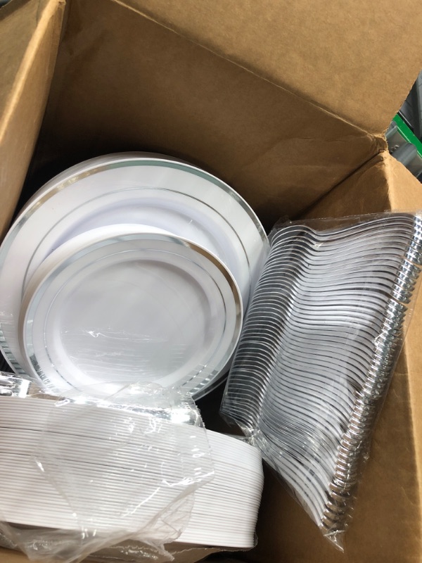 Photo 3 of 600 Piece Silver Dinnerware Set -100 Silver Rim 10 inch Plastic Plates 100 Silver Rim 7 Inch Plates -300 Silver Plastic Silverware -100 Silver Plastic Cups -100 Guest Disposable Silver Dinnerware Set