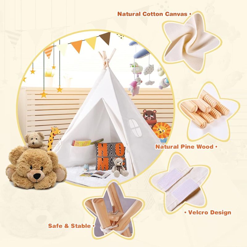 Photo 1 of Lammyner Kids Teepee Tent, Foldable Kids Tent with Furry Mat & Fairy Light String & Carry Case, White Natural Cotton Canvas Play Tent Indoor, Tipi Tent for Girls & Boys, Washable Tent for Kids Outdoor