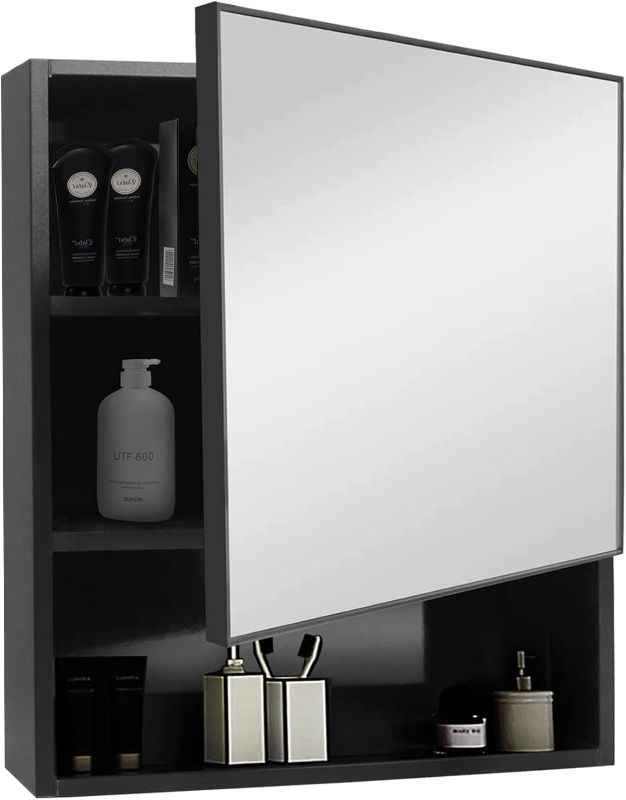 Photo 1 of YEPOTUE Mirrored Medicine Cabinet, 23.6" x19.6 Black Bathroom Medicine Cabinet Wall Mounted Space Aluminum Storage, Water, and Rust Resistant, Surface Mount 1 Black