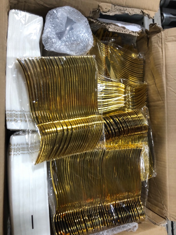 Photo 3 of 700 Piece Gold Dinnerware Set for 100 Guests, Plastic Plates Disposable for Party, Include: 100 Gold Rim Dinner Plates, 100 Dessert Plates, 100 Paper Napkins, 100 Cups, 100 Gold Plastic Silverware Set