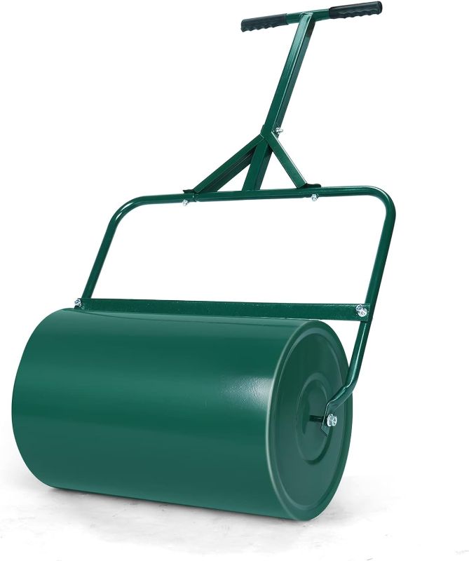 Photo 1 of AESRAOU Lawn Roller, Push/Pull Steel Sod Roller Water/Sand Filled 10.5 Gallons/40 L Tow Behind Lawn Rollers for Park, Garden, Yard, Ball Field (12 by 20-inch, Green)