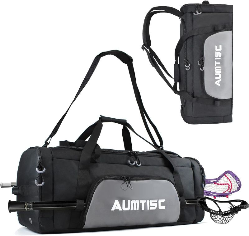 Photo 1 of AUMTISC Lacrosse Bag, Use as a Backpack or Duffel Bag, 2 Stick Holders and Separate Cleats Compartment, 75L Large Capacity to Holds All Lacrosse Equipment