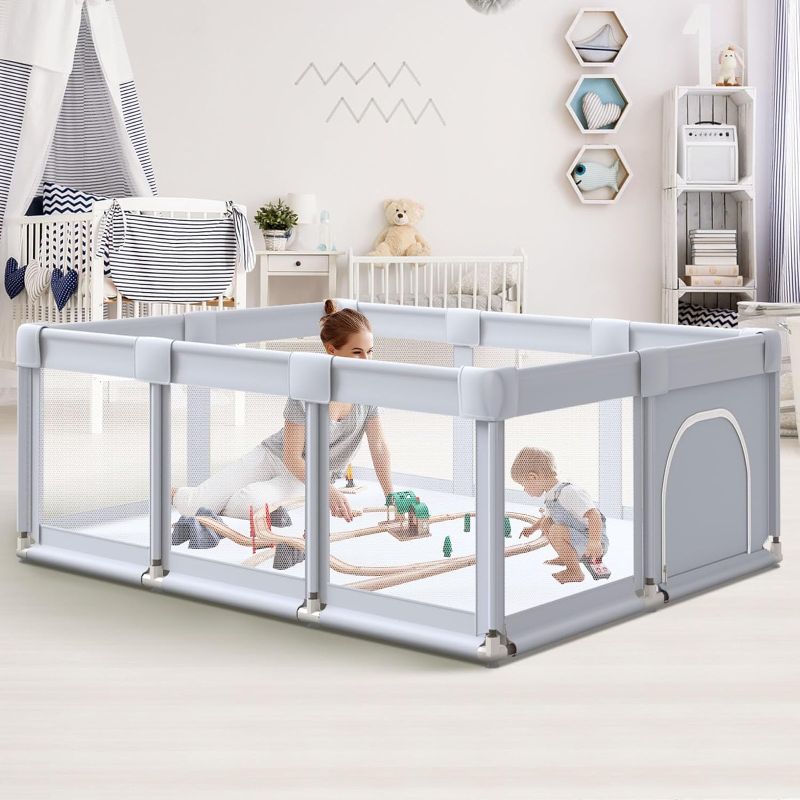 Photo 1 of Baby Playpen 74"x50" Play Pens for Babies and Toddlers, Large Play Yards for Indoor & Outdoor with Zipper Gates, Breathable Mesh with Anti-Slip Base