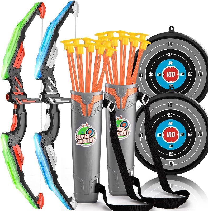 Photo 1 of 2 Pack Set Bow and Arrow Archery Toy for Kids, LED Light Up with 20 Suction Cup Arrows Target & Quiver, Outdoor Toys Kids Boys Girls Ages 3-12 Years Old