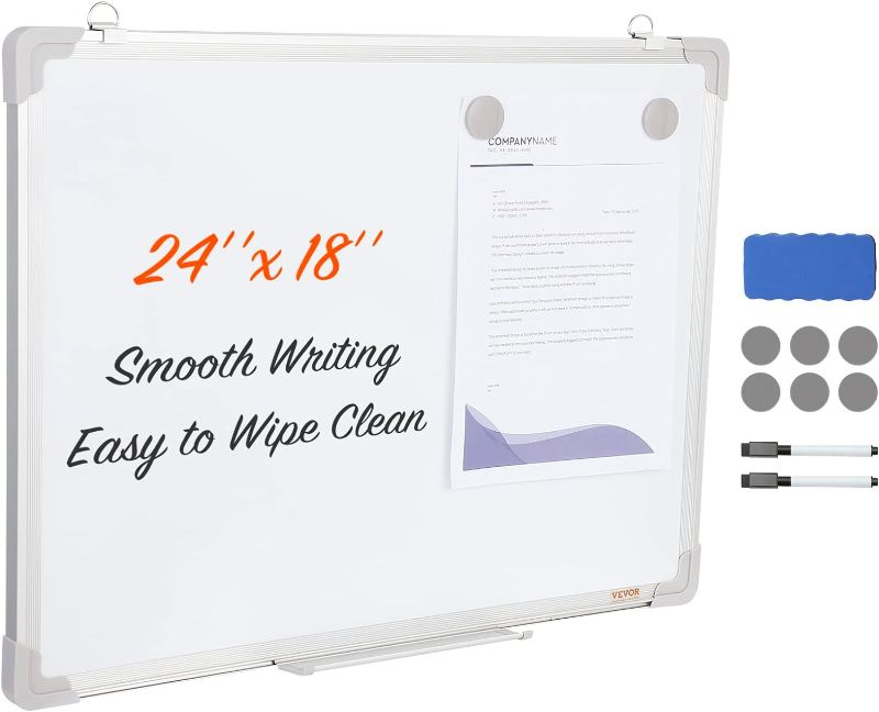 Photo 1 of VEVOR Dry Erase Board for Wall, 24 x 18 Inches, Magnetic Whiteboard with Aluminum Frame, White Board Includes 1 Magnetic Erase & 2 Dry Erase Marker & Movable Tray for Office Home Restaurant and School