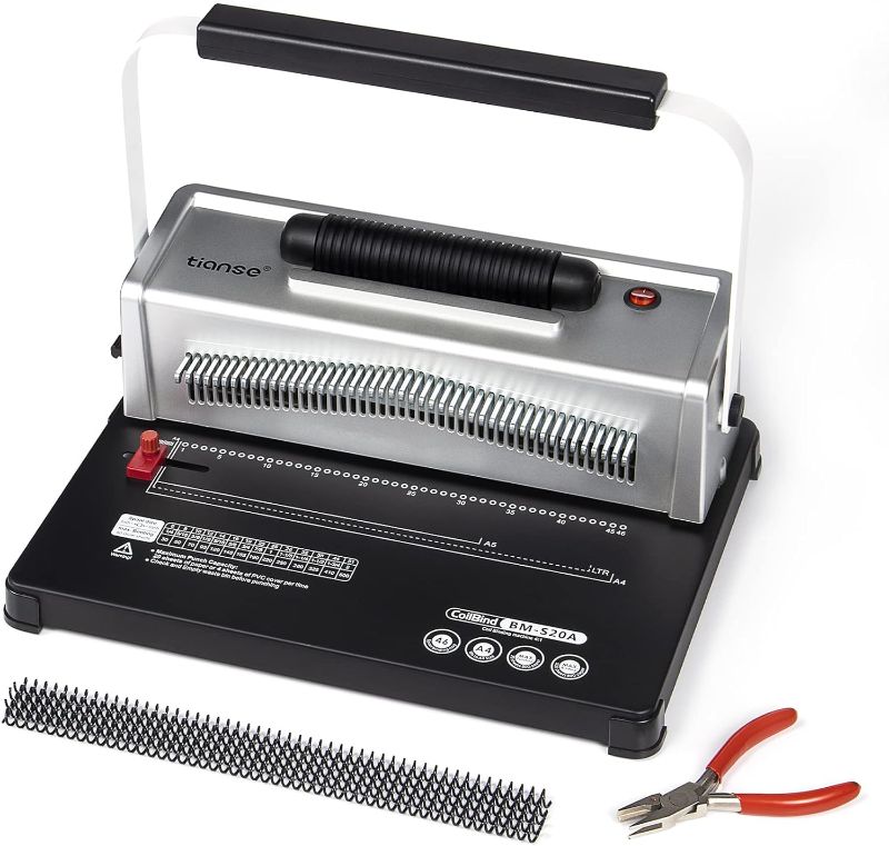 Photo 1 of TIANSE Binding Machine, Spiral Coil Binder Machine Manual Punch Binder with Electric Coil Inserter, Comes with 100pcs 5/16" Plastic Coil Binding Spines & Plier for Letter Size, A4, A5 or Smaller Sizes