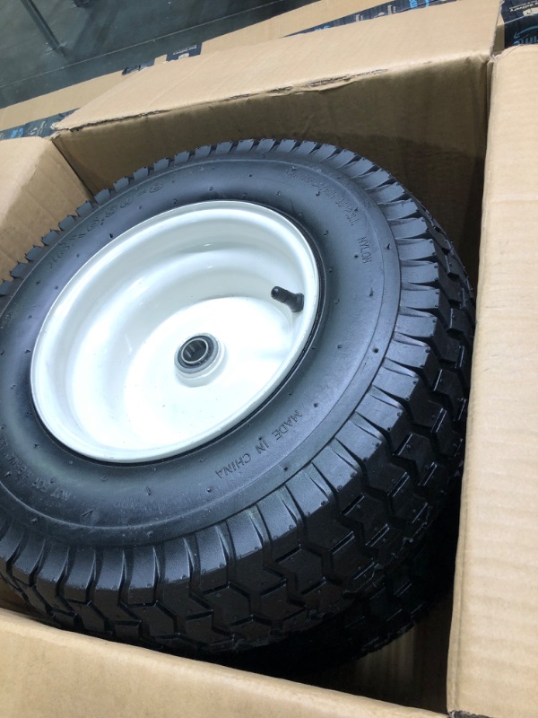 Photo 3 of (2-Pack) 16x6.50-8 Tubeless Tires on Rim - Universal Fit Riding Mower and Yard Tractor Wheels - With Chevron Turf Treads - 3” Offset Hub and 3/4” Bearings - 4 Ply with 615 lbs Max Weight Capacity 16x6.50-8 Tubeless White