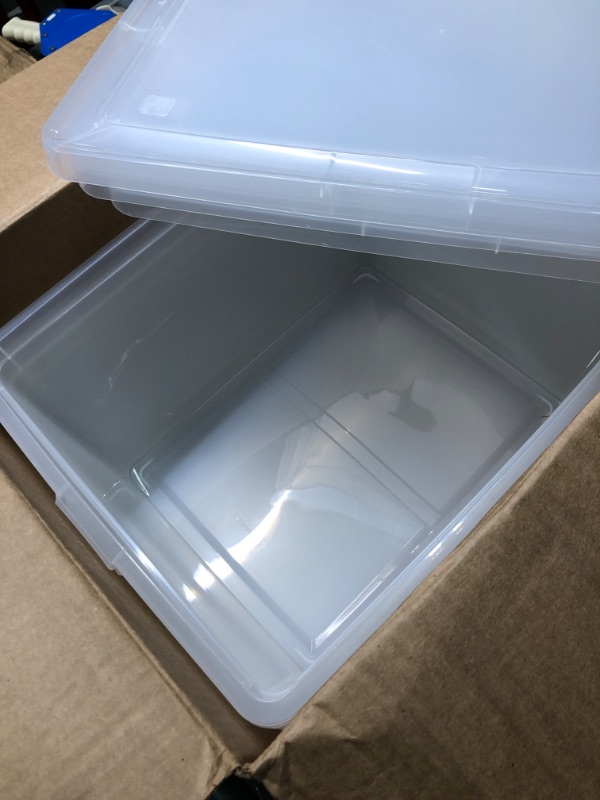 Photo 3 of ***1 IS BROKEN***
 
IRIS USA 24.5 Qt. Plastic Storage Container Bin with Latching Lid, Stackable Nestable Box Tote Closet Organization School Art Supplies - Clear, 4 Pack j) 24.5 Qt. - 4 Pack