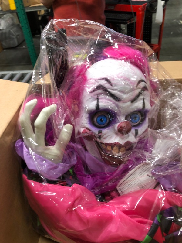 Photo 3 of (Touch and Sound Activated) 64" Animated Clown Halloween Decorations, Halloween Animatronics Clown Decor, Motion Activated Halloween Outdoor Decorations, Spooky Sound, Moving Arm, Red Light Up Eyes