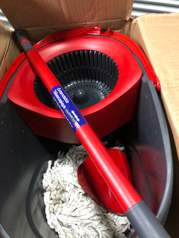 Photo 3 of O-Cedar EasyWring Microfiber Spin Mop, Bucket Floor Cleaning System, Red, Gray Spin Mop & Bucket