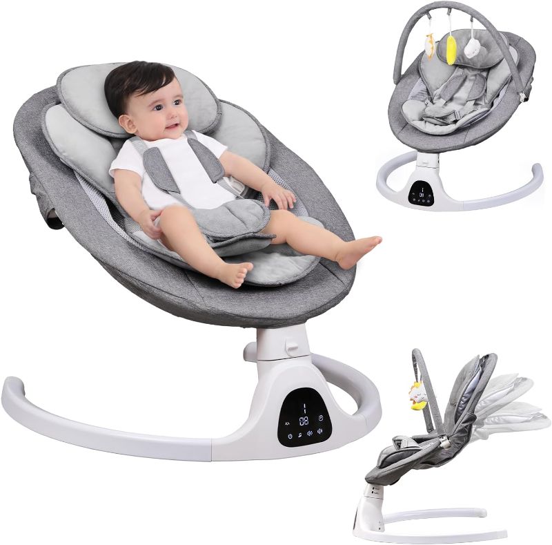 Photo 1 of Baby Swings for Infants Newborns and Toddlers, 5 Swing Speed with Adjustable Seat Recline, Compact and Comfort Swing Rocking Chair Suitable from 0-9 Months
