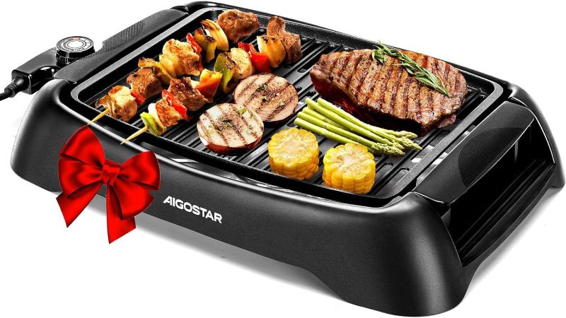 Photo 1 of Aigostar Smokeless Indoor Grill, 1200W Electric Grill Non-Stick Cooking Removable Plate & Oil Drip Pan for Healthier Grilling, 5 Adjustable Temperature, Dishwasher-Safe, Grill for Home Roast Party
