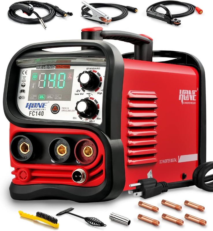 Photo 1 of MIG Welder 110V, Actual 140Amp Flux Core Welder/Stick Welder/Lift TIG 3 in 1 Synergic Welding Machine, Smart IGBT Inverter Large LED Display Gasless Wire Welder with Welding Gun