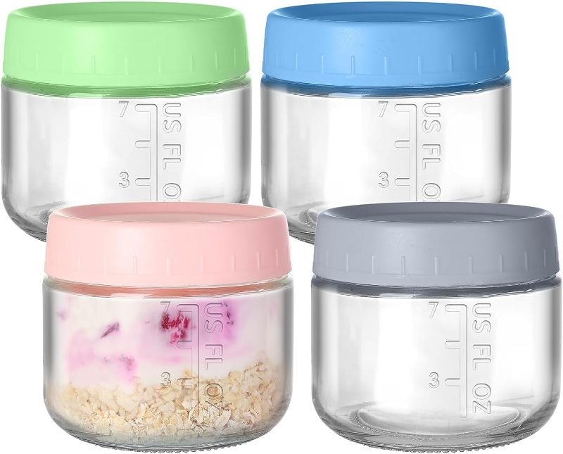 Photo 1 of 4 Pack Mason Jars 2 oz with Lids, Glass Jar with Screw Lid and Mesurement Marks, Glass Jars with Airtight Lids for Overnight Oats, Salad, Spice, Candy, Jam, Seasoning, Small Meal Prep Containers