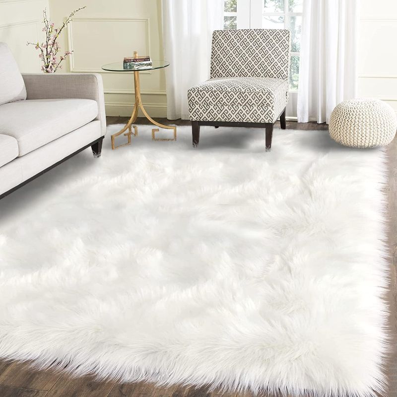 Photo 1 of  Faux Fur Sheepskin Rug for Living Room, Fluffy Washable Rug for Bedroom, Playroom, Luxury Room Decor, White Fur Rug, Rectangle