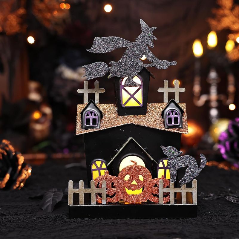 Photo 1 of 
Jusdreen Halloween Tabletop Decoration, Iron Sheet Haunted Ghost House with LED Light Decoration, Halloween Sign Indoor Fireplace Desk Kitchen Table...