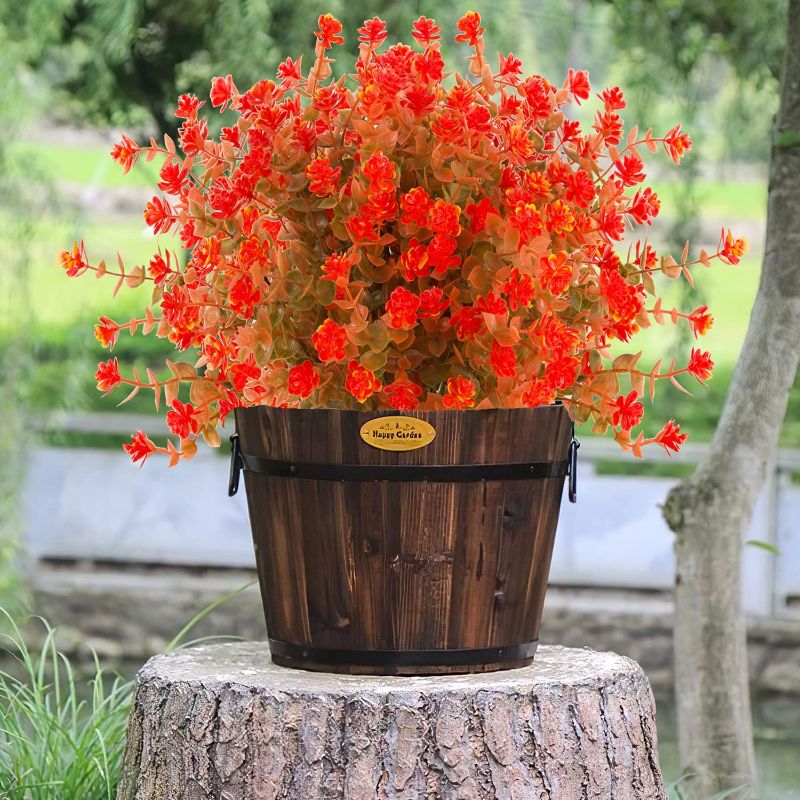 Photo 1 of  Artificial Fall Flowers Outdoor,8 Bundles Outdoor Plastic Flowers,UV Resistant Fake Flowers,Faux Outdoor Plastic Plants UV Resistant Shrubs Outside Indoor Decoration(Green Orange)