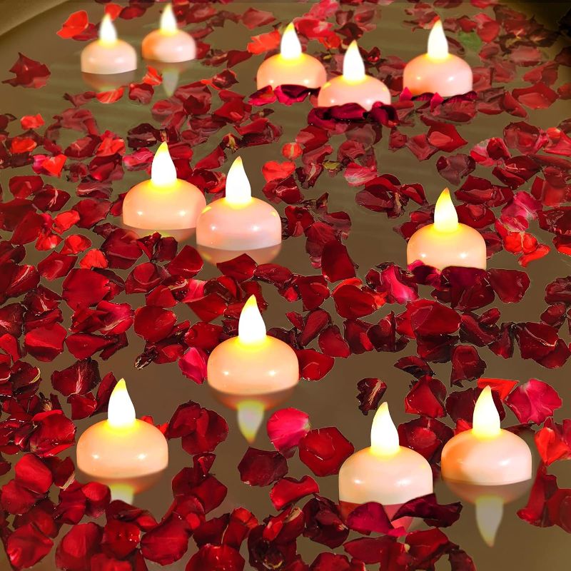 Photo 1 of 12 Pcs Flameless Floating Candles Tealights Valentine's Day Romantic Decor Waterproof Battery Candles with Dried Rose Petals for Birthday Anniversary Wedding Centerpiece SPA Party Supplies 300  PETALS