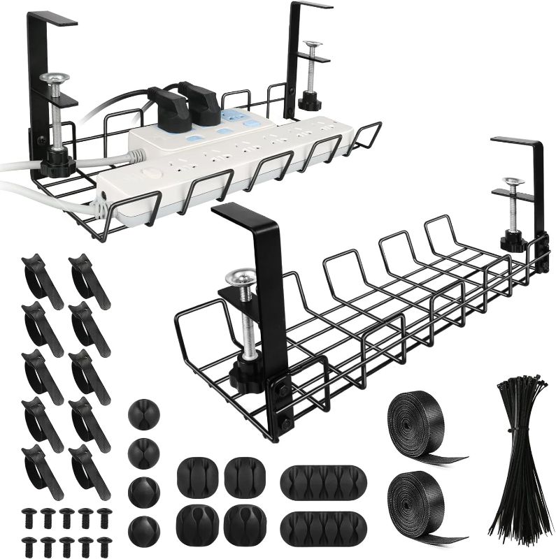 Photo 1 of Under The Desk Cable Management,2 Packs Cable Management Tray No Drill Wire Management Cable Tray with Clamp,Wire Organizer Cord Organizer, Metal Desk Cord Organizer Holder for Desks, Offices Kitchen