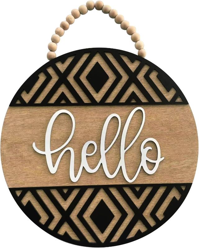 Photo 1 of  3D Hello Sign for Front Door Farmhouse Decor Front Porch Round Wood Outdoor Hanging Welcome Wreath Decorations Modern Geometric Outside Signs