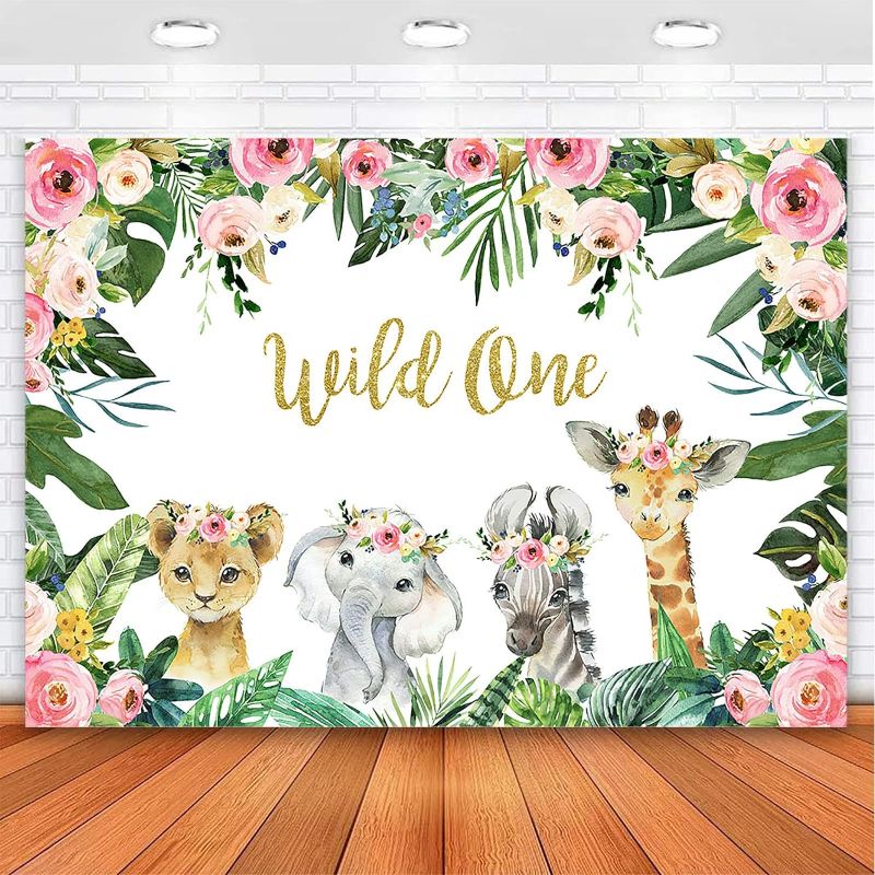 Photo 1 of  Girl Wild One Backdrop Jungle Safari Animals 1st Birthday Vinyl Photo Background 7x5ft Gold Wild One Birthday Banner Backdrops for Girls Cake Dessert Table Decorations