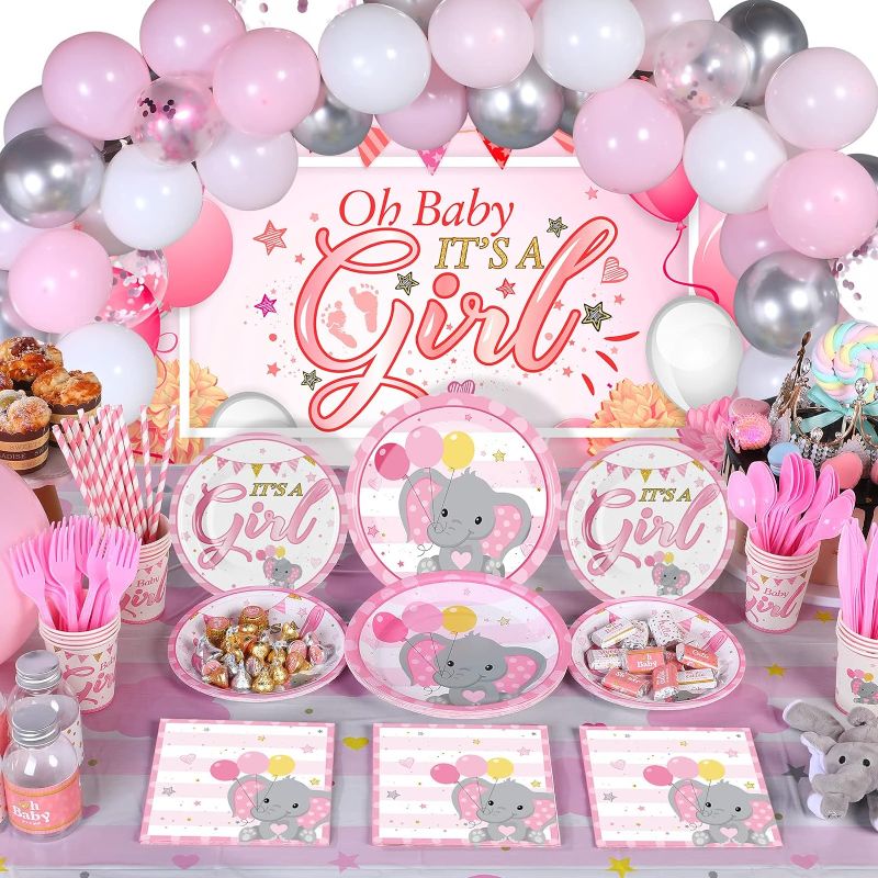 Photo 1 of 194 Pieces Elephant Party Supplies Kit Elephant Theme Baby Shower Decorations Party Backdrop Banner Tablecloth Tableware Balloons for Baby Gender Reveal Birthday Decor (Girl Style)