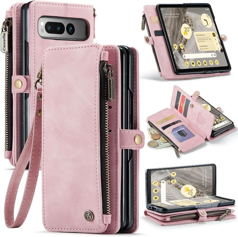 Photo 1 of Defencase for Pixel Fold Case (2023), Google Pixel Fold Case Wallet for Women Men with Card Holder Zipper Purse Wrist Strap, Fashion PU Leather Magnetic Flip Wallet Phone Cases for Pixel Fold, Pink