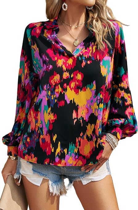 Photo 1 of KAYWIDE Women's Casual Boho V Neck Lantern Long Sleeve Tops Fashion Abstract Print Ladies Loose Blouses Shirts. XXL
