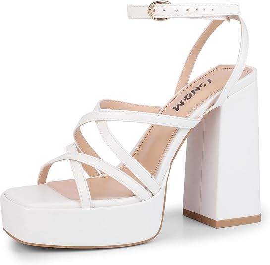 Photo 1 of ISNOM Platform Chunky Heels for Women, Block Heel Sandals with Open Square Toe and Ankle Strap. Size 7
