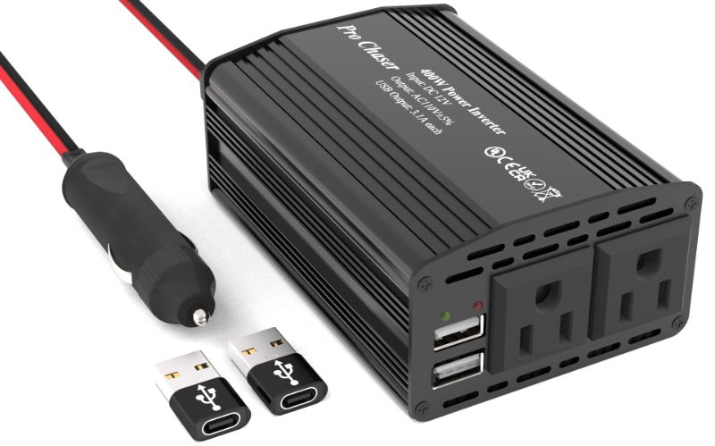 Photo 1 of 400W Car Power Inverter 12V DC to 110V AC Car Truck RV Inverter 6.2A Dual USB Charging Ports for Road Trips (Type C Adaptors Included) Black w/ USB-C