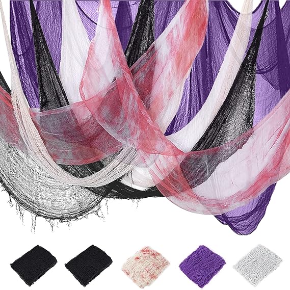 Photo 1 of 5 PACK 100 x 31.5 Inch Halloween Creepy Cloth, Halloween Fabric Decorations Spooky Gauze Cloth Outdoor Party Supplies for Haunted House, Patio, Garden, Indoor Windows(2xBlack+Purple+Blood+White)