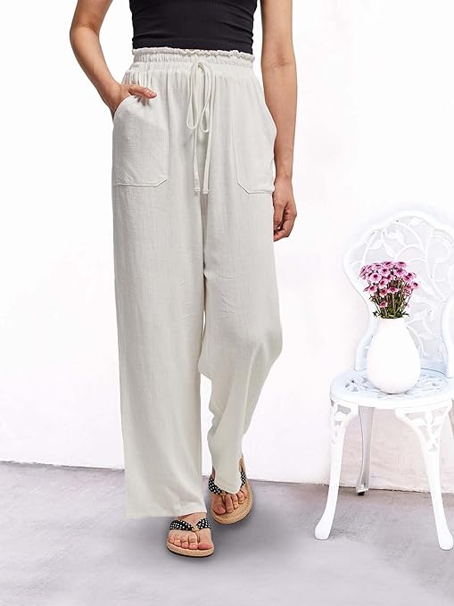 Photo 1 of CECEVE Women's Summer High Waisted Wide Leg Loose Flowy Cotton Linen Palazzo Pants    L 