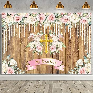 Photo 1 of AIBIIN 7x5ft Mi Bautizo Backdrop, Rustic Wood Pink Floral First Holy Baptism Background for Girl, First Holy Communion Christening Party Baby Shower Decoration Banner Studio Booth Props