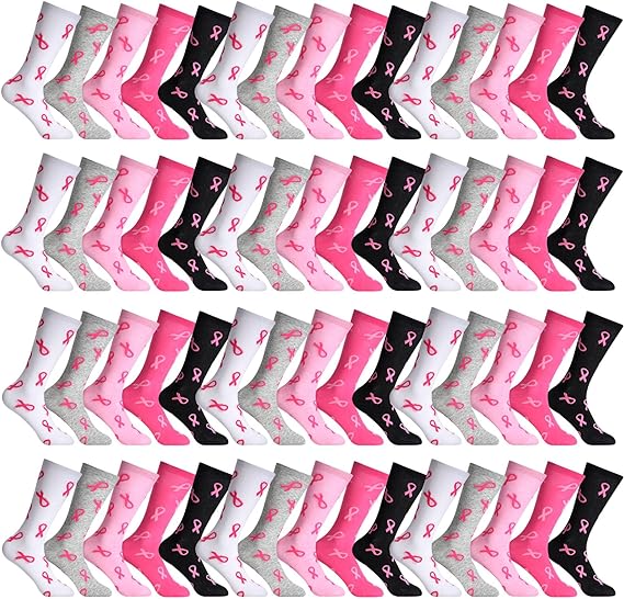 Photo 1 of Mepase 60 Pairs Pink Ribbon Breast Cancer Awareness Socks Pink Crew Socks Soft Cotton Breast Cancer Socks Bulk for Women Girls Football Softball Soccer Sport, Assorted Colors