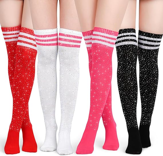 Photo 1 of Apoway 4 Pairs Women Sparkle Rhinestone Over Knee High Socks Glitter Stockings Rhinestone High Boot Socks