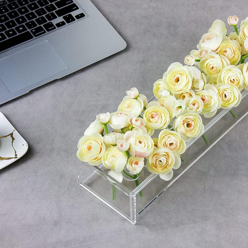 Photo 1 of  Rectangular Flower Vases with Light Strips, Clear Acrylic Floral Centerpiece 11.8'' Long Modern Vase with Hole for Dining Table, Clear Rectangular Vase for Wedding Table Decor