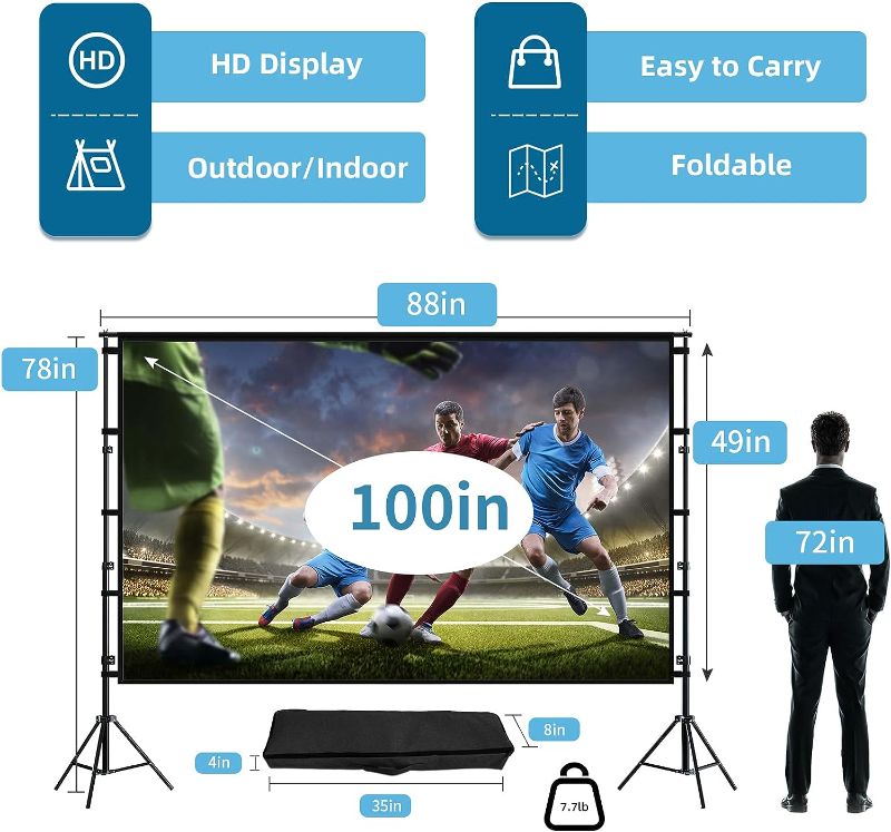 Photo 1 of Projector Screen and Stand,Towond 100 inch Indoor Outdoor Projection Screen, Portable 16:9 4K HD Rear Front Movie Screen Pull Down with Carry Bag Wrinkle-Free Design for Home Theater Backyard Cinema 100'' with stand