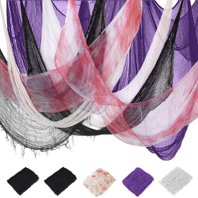 Photo 1 of 5 PACK 100 x 31.5 Inch Halloween Creepy Cloth, Halloween Fabric Decorations Spooky Gauze Cloth Outdoor Party Supplies for Haunted House, Patio, Garden, Indoor Windows(2xBlack+Purple+Blood+White)
