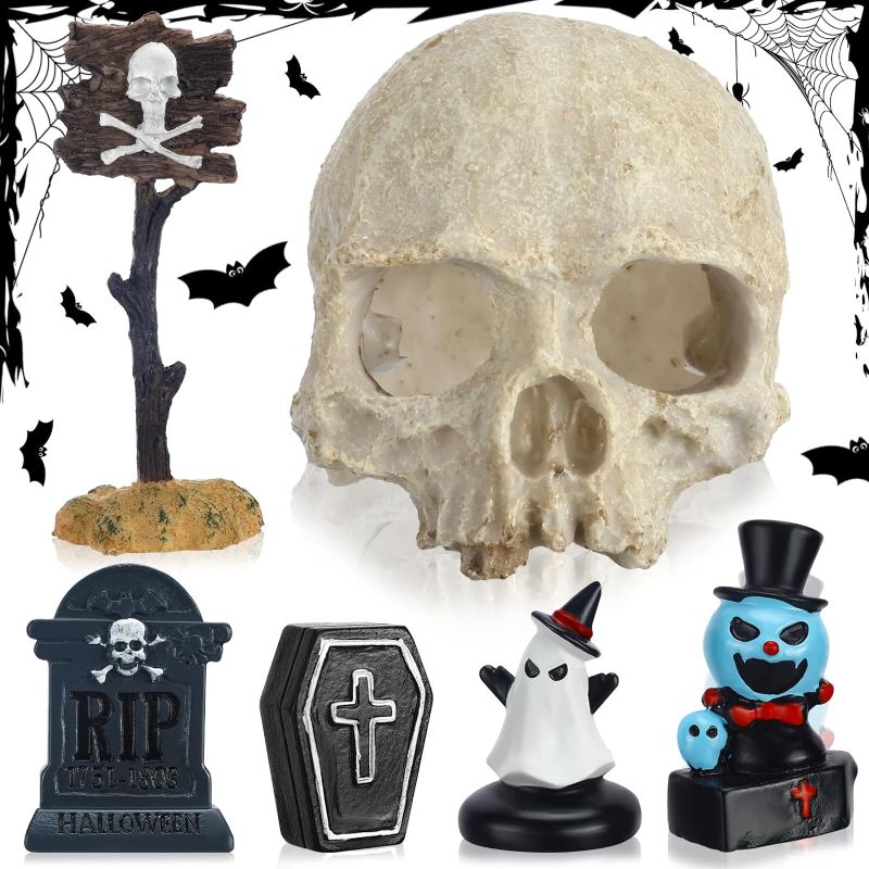 Photo 1 of 6 Pieces Halloween Figurine Decorations Resin Stone Halloween Figurines Set Gravestone Pumpkin Statue for Resin Crafts Desktop Fish Tank Ornament Halloween Decor (Skull Style)
