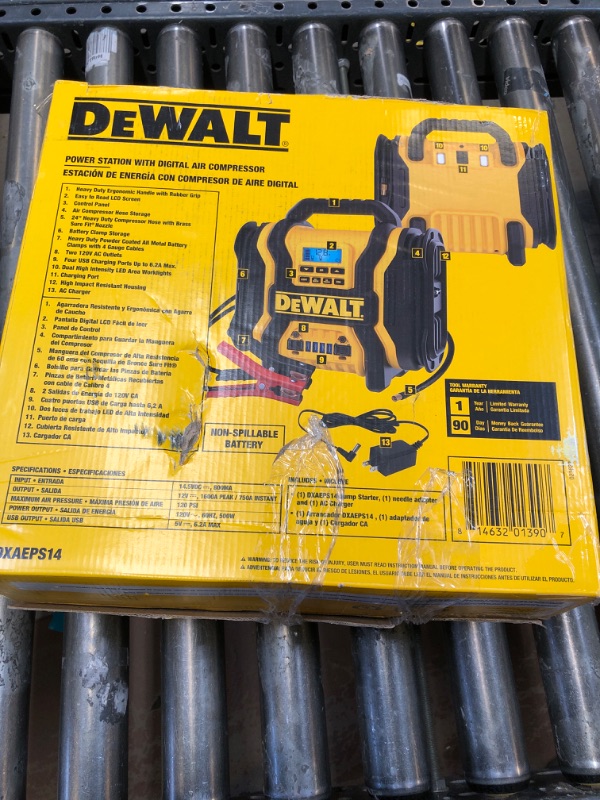 Photo 2 of DEWALT DXAEPS14 1600 Peak Battery Amp 12V Automotive Jump Starter/Power Station with 500 Watt AC Power Inverter, 120 PSI Digital Compressor, and USB Power , Yellow