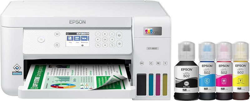 Photo 1 of Epson EcoTank ET-3830 Wireless Color All-in-One Cartridge-Free Supertank Printer with Scan, Copy, Auto 2-Sided Printing and Ethernet – The Perfect Printer Productive Families,White
