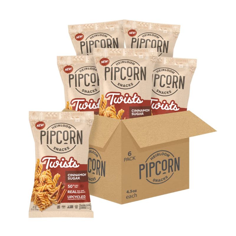 Photo 1 of Heirloom Cinnamon Sugar Twists by Pipcorn - 4.5oz 6pk - Healthy Snacks, Gluten Free Snacks, Upcycled Heirloom Corn Flour, Cinnamon Sugar ( EXP: 03/30/24) 
