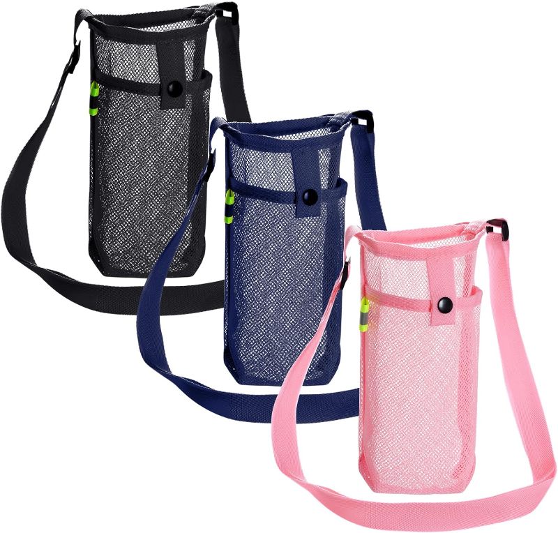 Photo 1 of 3Pcs Water Bottle Holder with Strap Water Bottle Carrier with Adjustable Shoulder Strap Water Bottle Sling Bag for Outdoor Hiking Camping Walking Travel Water Bottle Sleeve, Black, Dark Blue and Pink

